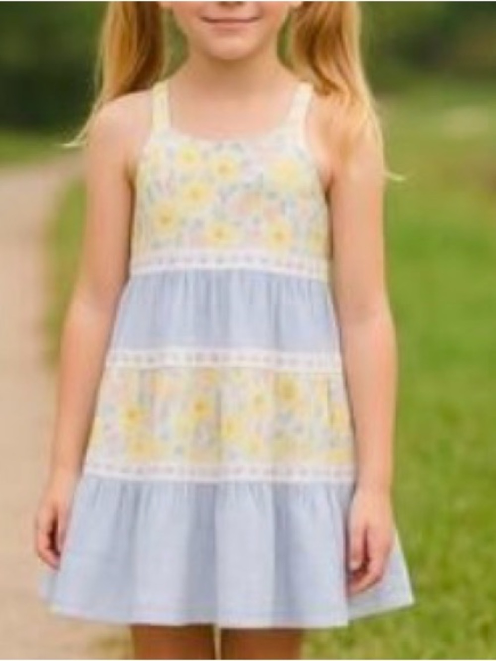 NWT Gommy Bahama Toddler Yellow Floral & Light Blue Seersucker Tiered Lace Dress